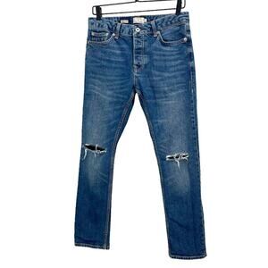 Topman Men's Stretch Slim Fit Ripped Taper Blue Jeans ; 30 Short